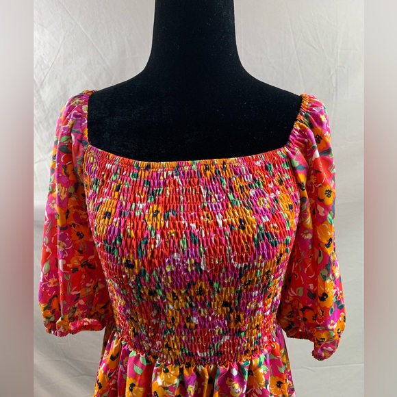 Shirred Floral Print Square Neck Puff Sleeve Dress - Picture 7 of 7